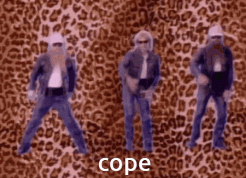 A Group Of Men Are Dancing In Front Of A Leopard Print Background And The Word Cope Is On The Bottom GIF