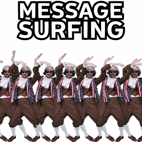 A Group Of Men Are Dancing In Front Of A Sign That Says " Message Surfing " GIF