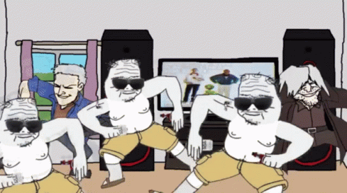 A Group Of Men Are Dancing In Front Of A Television GIF