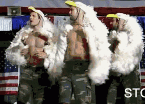 A Group Of Men Are Dancing In Front Of An American Flag With The Word Stc In The Corner GIF