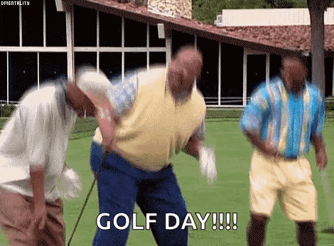 A Group Of Men Are Dancing On A Golf Course And The Words Golf Day Are Visible . GIF