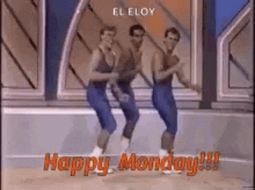 a group of men are dancing on a stage with the words `` happy monday '' .