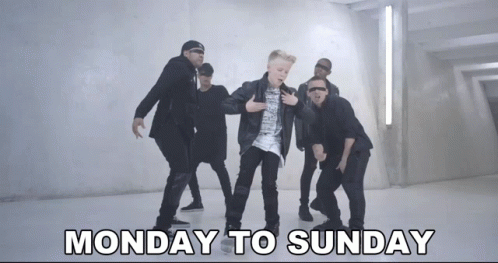 A Group Of Men Are Dancing With The Words Monday To Sunday Written Below Them GIF