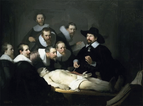 A Group Of Men Are Gathered Around A Dead Body In A Painting That Says Houte GIF