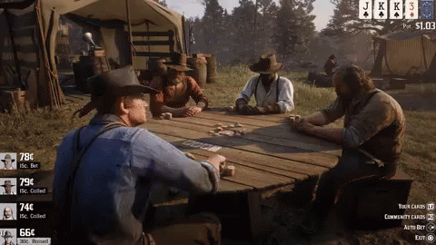 A Group Of Men Are Playing Cards In A Video Game And One Of The Cards Is A King GIF