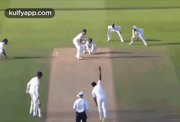 A Group Of Men Are Playing Cricket On A Field . GIF