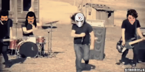A Group Of Men Are Playing Instruments And One Of Them Has A Mask On GIF