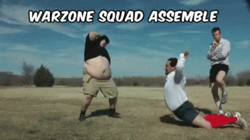 a group of men are playing soccer in a field with the words warzone squad assemble