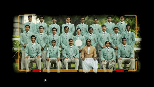 A Group Of Men Are Posing For A Picture With The Letter P Visible In The Corner GIF