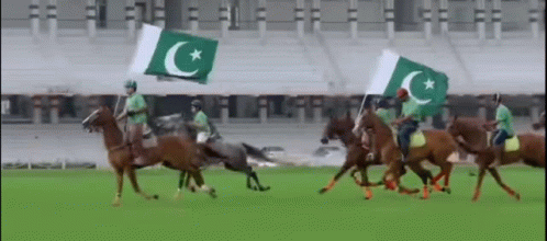A Group Of Men Are Riding Horses And Holding Flags With The Letter C On Them . GIF