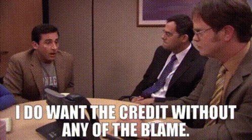 Men Sitting Around Table With I Want Credit Without Blame GIF