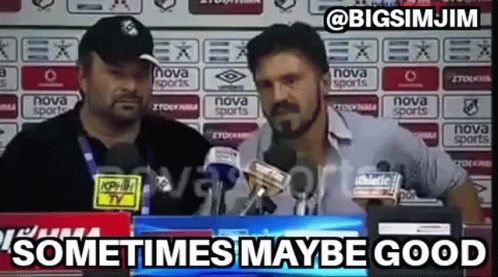 A Group Of Men Are Sitting In Front Of Microphones And A Sign That Says `` Sometimes Maybe Good '' . GIF
