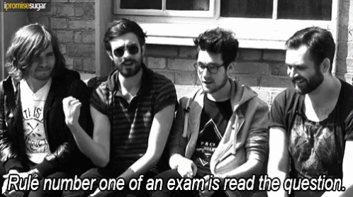 A Group Of Men Are Sitting Next To Each Other With The Words Rule Number One Of An Exam Is Read The Question GIF