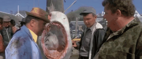 A Group Of Men Are Standing Around A Large Shark . GIF