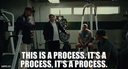 A Group Of Men Are Standing In A Gym With The Words This Is A Process It 'S A Process GIF