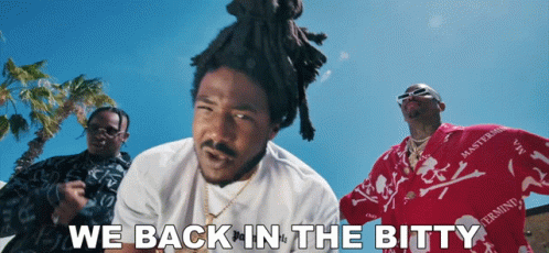 A Group Of Men Are Standing In Front Of A Blue Sky With The Words " We Back In The Bitty " GIF