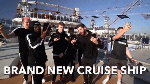 A Group Of Men Are Standing In Front Of A Cruise Ship That Says Brand New Cruise Ship On It GIF