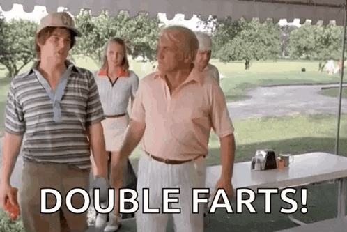 A Group Of Men Are Standing Next To Each Other On A Golf Course And One Of Them Is Saying `` Double Farts '' . GIF