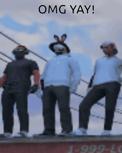 A Group Of Men Are Standing Next To Each Other On Top Of A Building With A Sign That Says Omg Yay . GIF