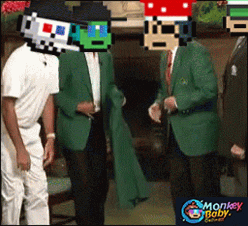 A Group Of Men Are Standing Next To Each Other With Monkey Baby Written On The Bottom GIF