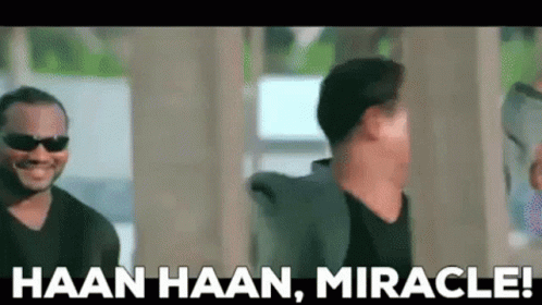 A Group Of Men Are Standing Next To Each Other With The Words Haan Haan , Miracle . GIF