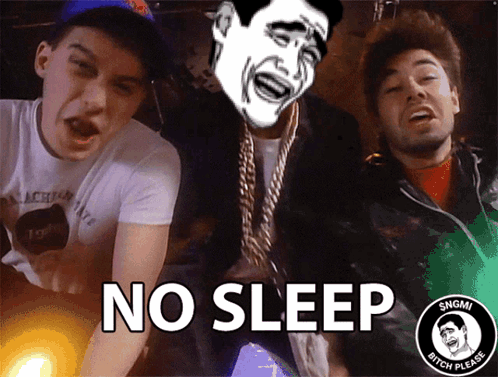 A Group Of Men Are Standing Next To Each Other With The Words No Sleep Written On The Bottom GIF