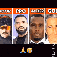 A Group Of Men Are Standing Next To Each Other With The Words Noob Pro Hacker And Gold Written On The Bottom GIF