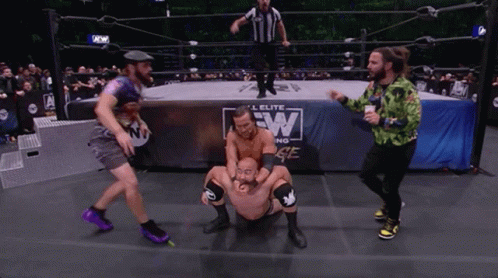 A Group Of Men Are Wrestling In A Ring With A Sign That Says Elite Wrestling GIF