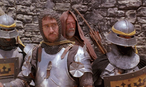 A Group Of Men In Armor Are Standing In Front Of A Stone Wall And One Of Them Has A Shield With The Letter E On It GIF