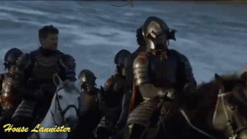 A Group Of Men In Armor Riding Horses With The Name House Lannister Written On The Bottom GIF