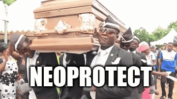 A Group Of Men In Black Suits Are Carrying A Coffin With The Word Neoprotect On It . GIF