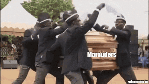 A Group Of Men In Black Suits Are Carrying A Coffin With The Words Marauders On It . GIF