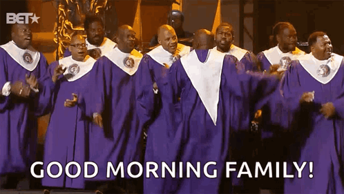 A Group Of Men In Purple Robes Are Singing And Dancing And The Caption Says Good Morning Family GIF
