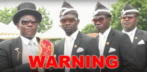 A Group Of Men In Suits And Hats Are Standing In Front Of A Warning Sign GIF