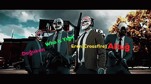 A Group Of Men In Suits And Masks Are Standing Next To Each Other With The Words " Who Is Your Dogukan " Written In Red GIF