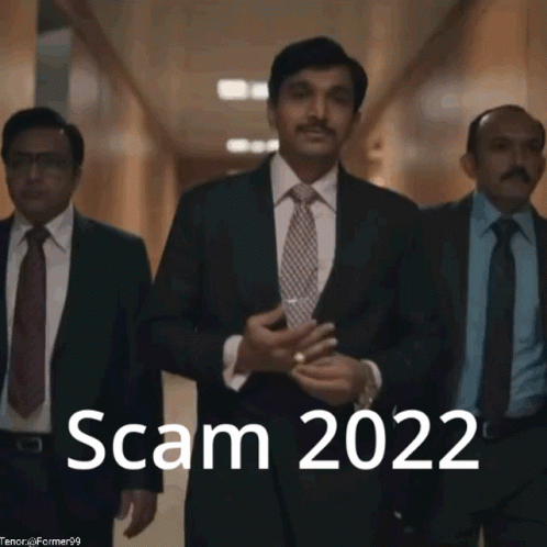 A Group Of Men In Suits And Ties Are Walking Down A Hallway With The Words Scam 2022 Written On The Bottom GIF