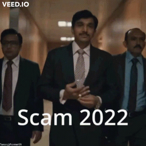 A Group Of Men In Suits And Ties Are Walking Down A Hallway With The Words Scam 2022 Written On The Bottom GIF