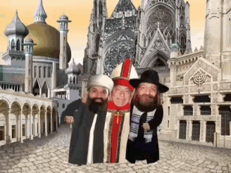 A Group Of Men Posing For A Picture In Front Of A Cathedral GIF