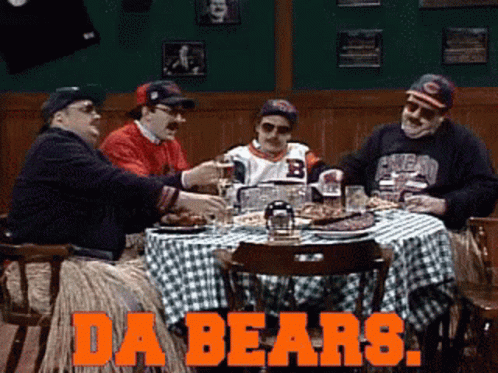 A Group Of Men Sitting At A Table With The Words Da Bears Written On The Bottom GIF