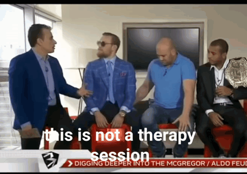A Group Of Men Sitting On A Couch With The Words " This Is Not A Therapy Session " On The Bottom GIF