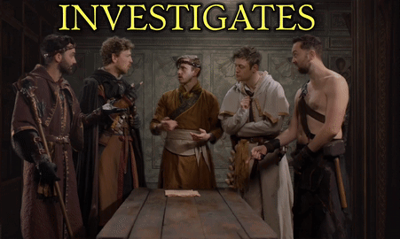 A Group Of Men Standing Around A Table With The Words Investigates Badly On The Bottom GIF