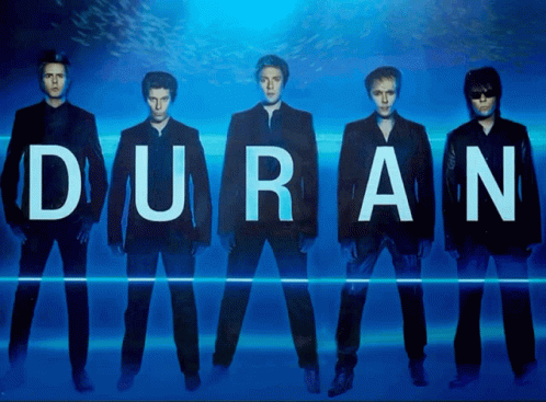 A Group Of Men Standing In Front Of A Blue Background With The Word Duran On It GIF