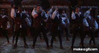 A Group Of Men Standing In Front Of A Sign That Says Ye Olde Port-A-Privy GIF