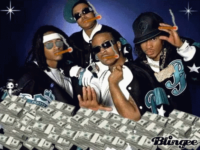 A Group Of Men Standing In Front Of Stacks Of Money With The Word Blingee On The Bottom GIF
