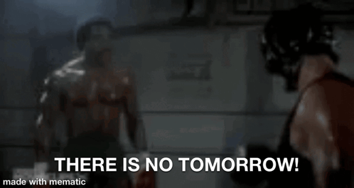 A Group Of Men Standing Next To Each Other In A Dark Room With The Words `` There Is No Tomorrow ! '' GIF