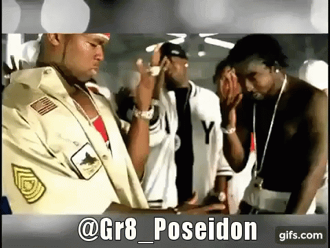 A Group Of Men Standing Next To Each Other With The Caption @ Gr8 Poseidon On The Bottom GIF