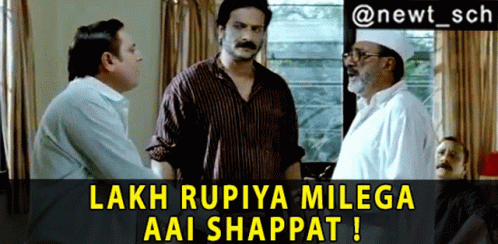 A Group Of Men Standing Next To Each Other With The Caption " Lakh Rupiya Milega Aai Shappet " GIF