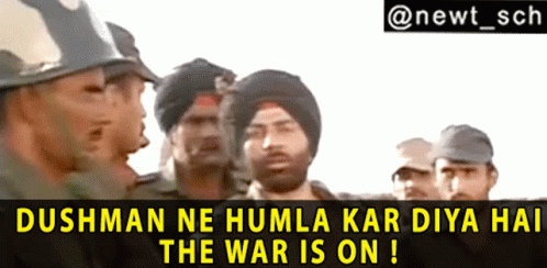 A Group Of Men Standing Next To Each Other With The Words " Dushman Ne Humla Kar Diya Hat The War Is On " Above Them GIF
