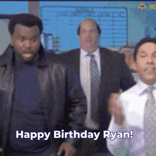 A Group Of Men Standing Next To Each Other With The Words Happy Birthday Ryan On The Bottom GIF