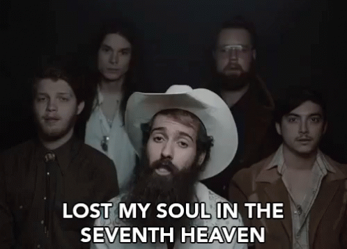 A Group Of Men Standing Next To Each Other With The Words Lost My Soul In The Seventh Heaven On The Bottom GIF